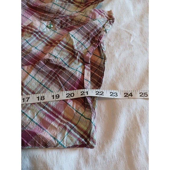 Twenty X Women's  L/S Pearl Snap Pink/Purple Plaid Blouse.  Blue piping. L. - Picture 7 of 9